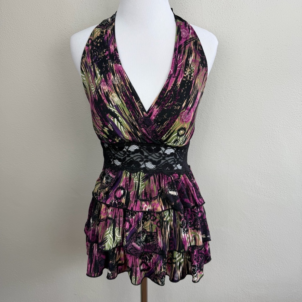 Y2K Kiwi Ruffle Babydoll Halter Top Floral Lace Pink Black Size XS